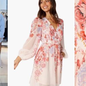 Floral V-Neck Pink Long-Sleeve A-Line Dress
